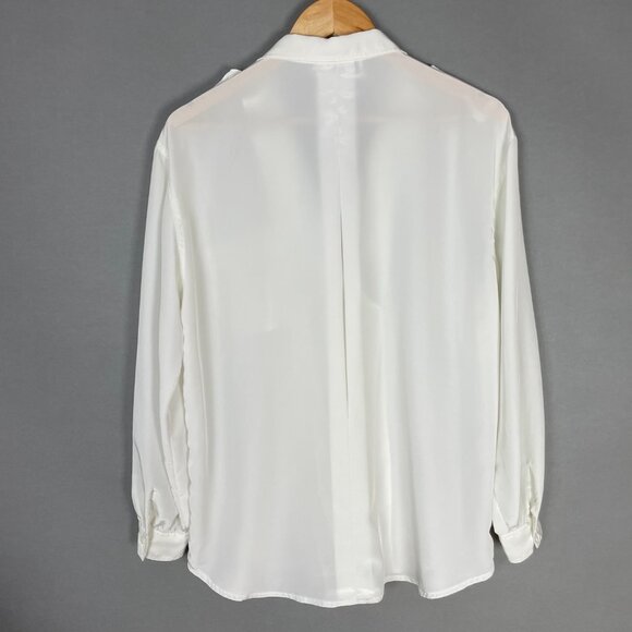 Vintage 80s Blouse Double Breasted Women White Button-Up‎ Long Sleeve Office Top - Picture 2 of 12